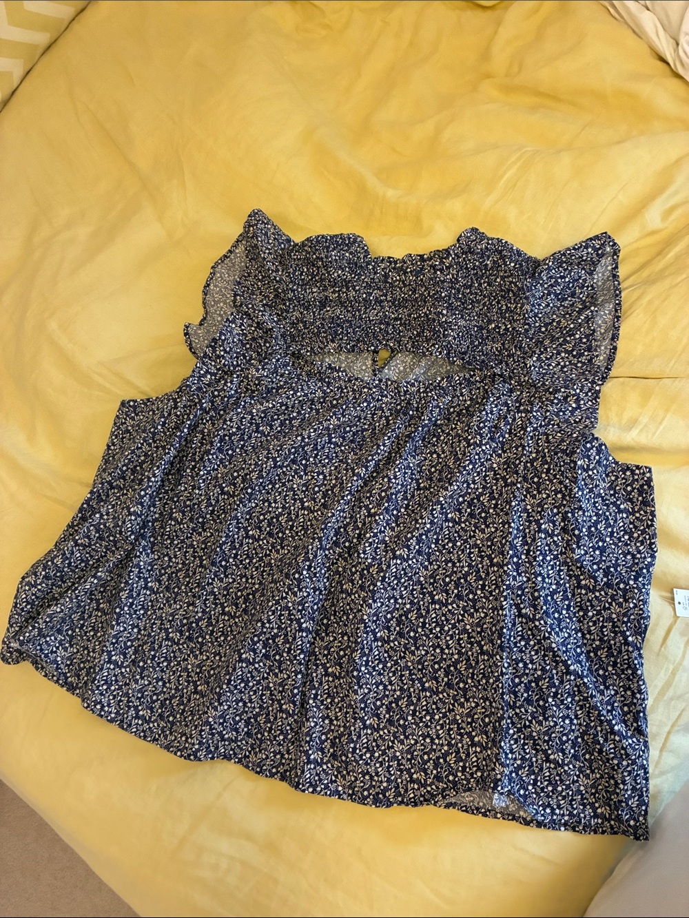 Navy Blue Floral Ruffle Sleeve Blouse